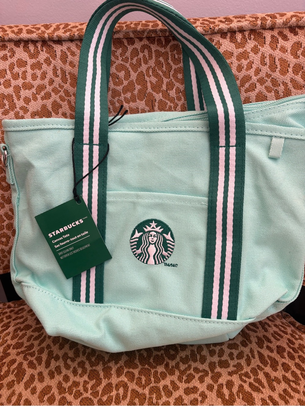 Starbucks Mint Canvas Tote with Dark Green and White Striped Handles